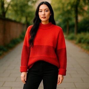 Z Supply EUC Mock Neck Sweater Women Large Red Colorblock Ribbed Knit‎ ZW224791